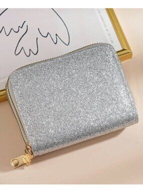 Women’s Silver Glitter Wallet Double Zip Accordion Card Holder Coin Purse NEW